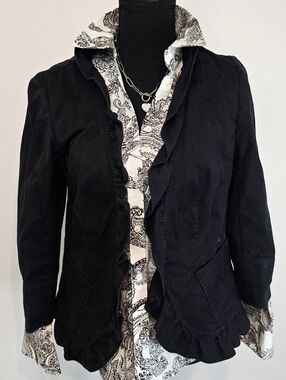 Talbots Faded Black Denim Ruffle Jacket Cotton Blazer Lightweight Size 6
